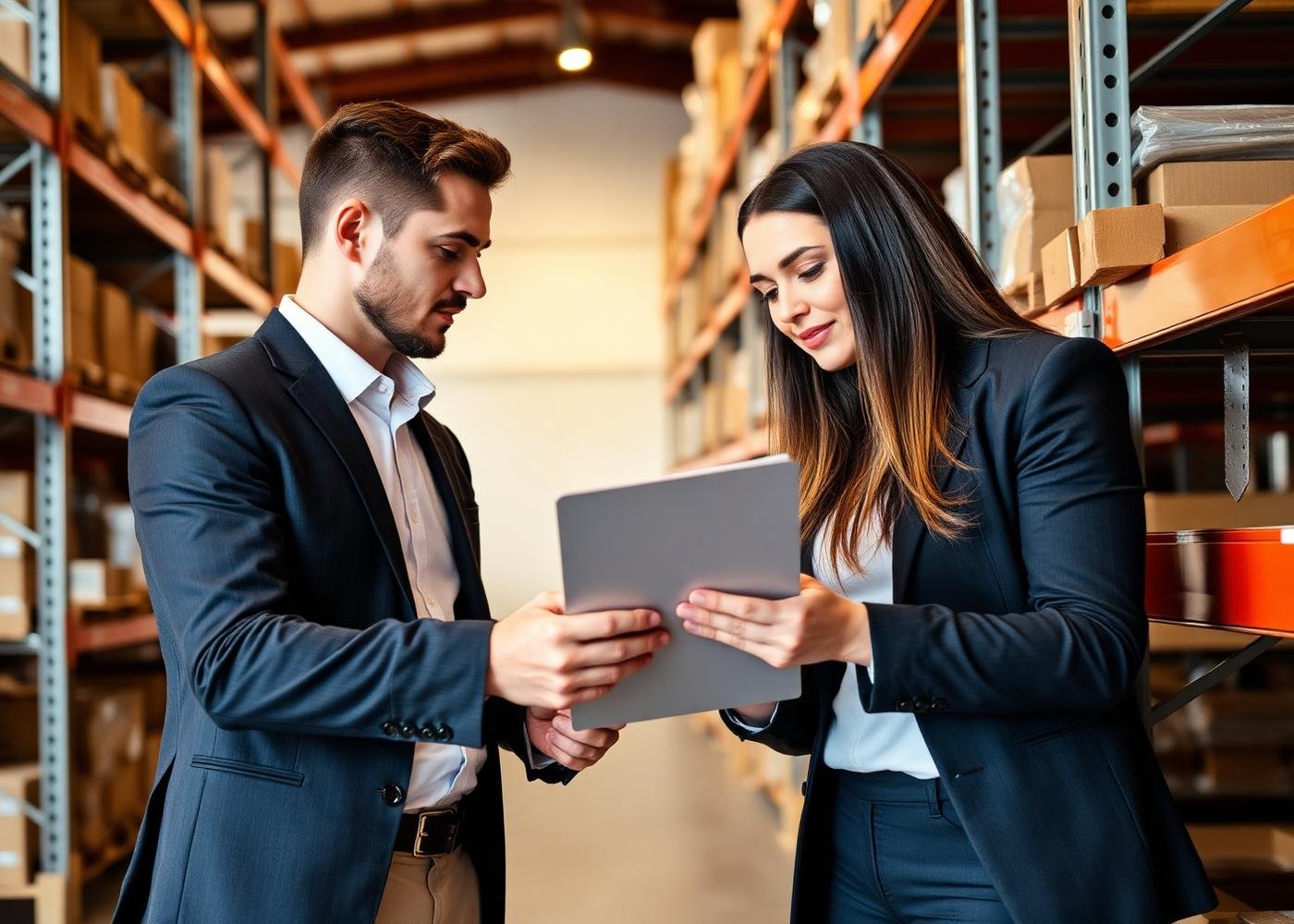 Two colleagues reviewing stock records beside warehouse shelving