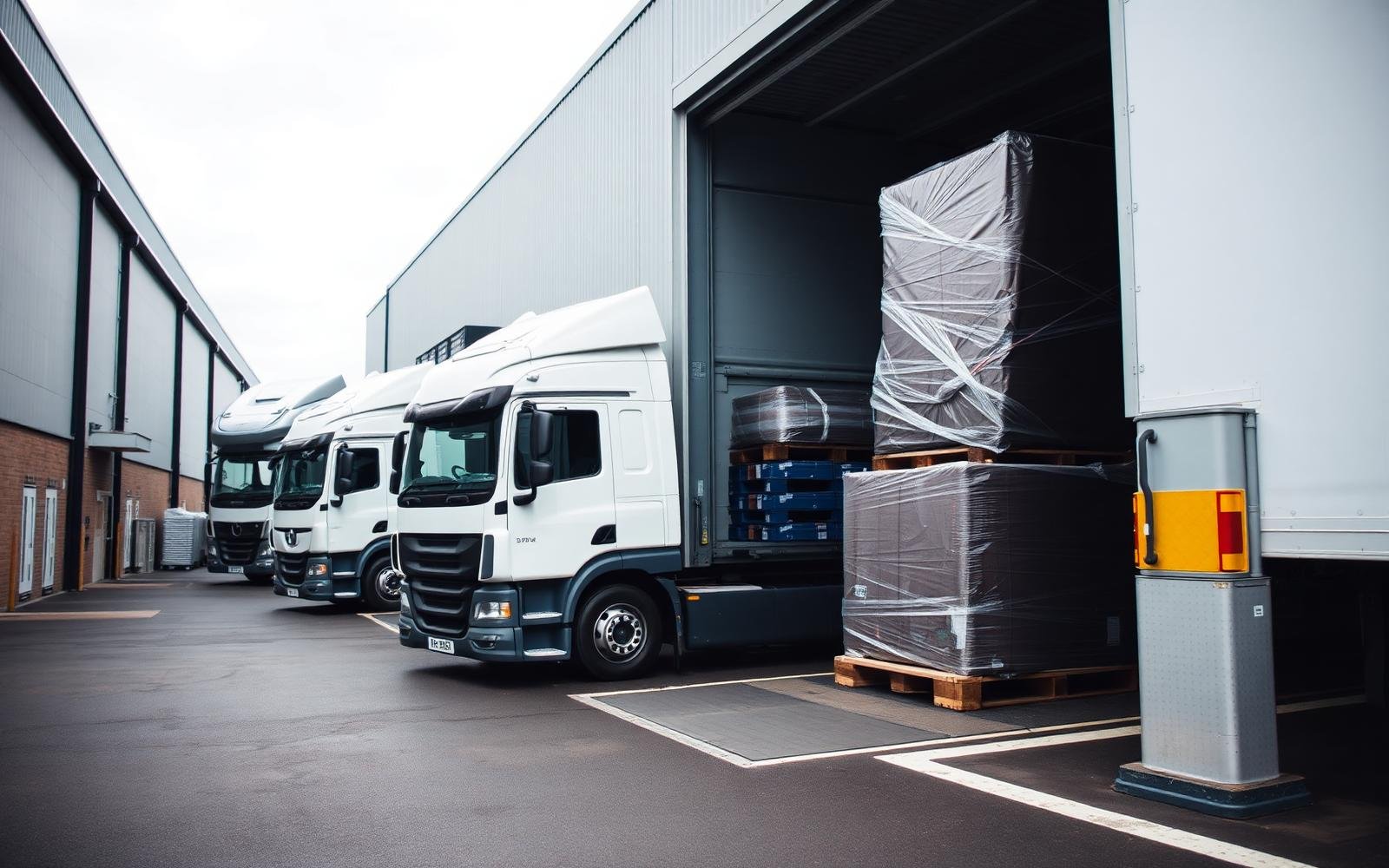 Lorries loading wrapped pallets at a UK distribution centre loading bay